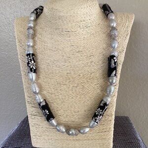 Black Brocade Beaded Necklace with Silver Spacers (23")